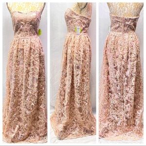 Windsor Formal Rose Gold Lace Overlay Embroidered Strapless Gown Sweetheart